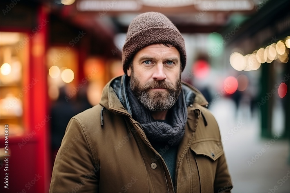Portrait of a bearded man wearing a hat and coat in a shopping street Portrait of a bearded man wearing a hat and coat in a shopping street