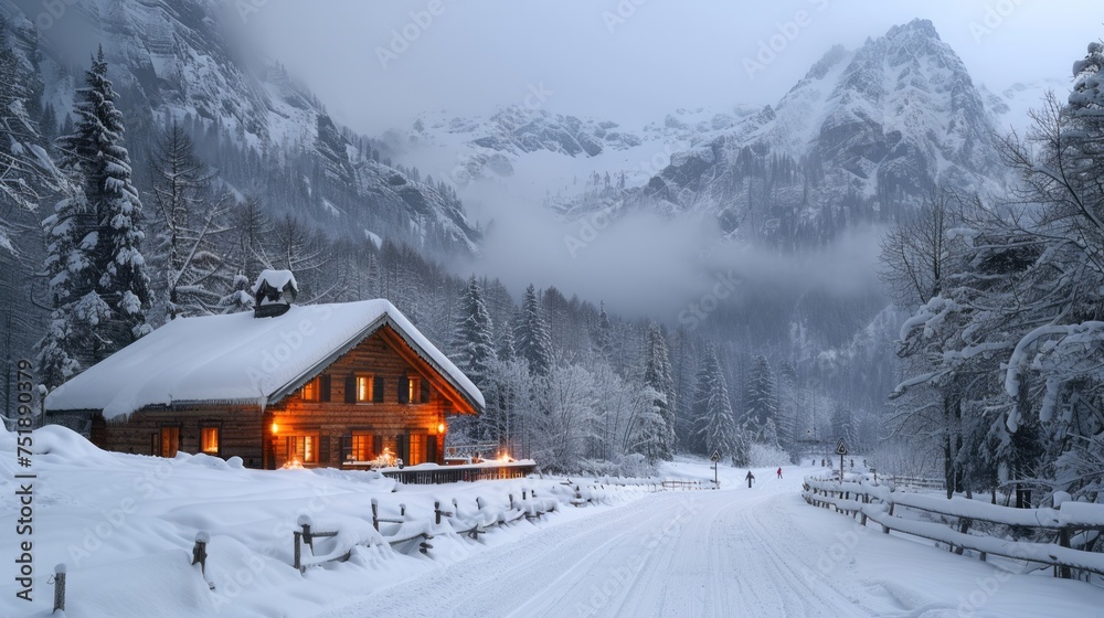 Snowy cabin nestled in mountain highland with majestic peak in background