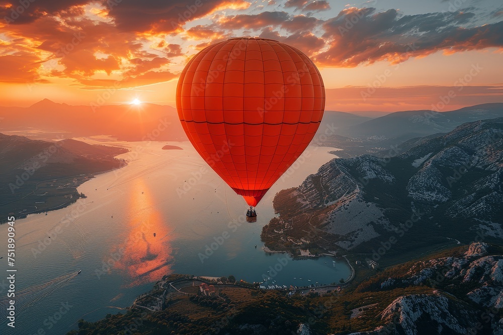 Majestic hot air balloon soaring over a breathtaking coastal sunset and mountainous landscape Majestic hot air balloon soaring over a breathtaking coastal sunset and mountainous landscape