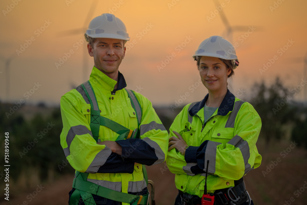 Team Engineers men and woman checking and inspecting on construction with sunset sky. people operation. Wind turbine for electrical of clean energy and environment. Industrial of sustainable. Team Engineers men and woman checking and inspecting on construction with sunset sky. people operation. Wind turbine for electrical of clean energy and environment. Industrial of sustainable.