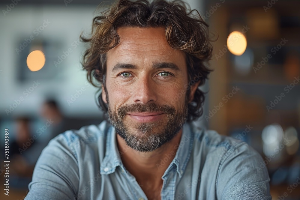 Charming man with curly hair giving a heartwarming smile in a dining setting Charming man with curly hair giving a heartwarming smile in a dining setting