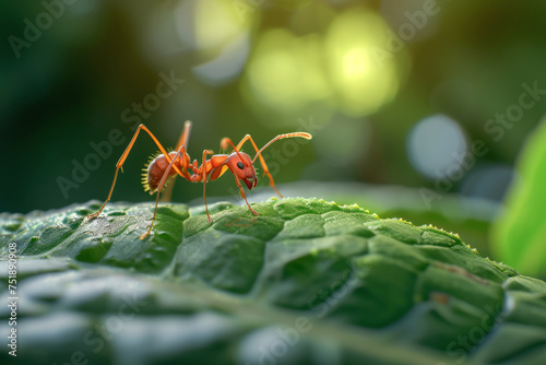Red ant on a green leaf super macro, selective focus with space for text or inscriptions 