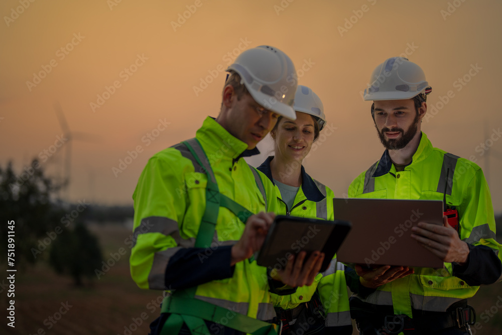 Team Engineers men and woman checking and inspecting on construction with sunset sky. people operation. Wind turbine for electrical of clean energy and environment. Industrial of sustainable. Team Engineers men and woman checking and inspecting on construction with sunset sky. people operation. Wind turbine for electrical of clean energy and environment. Industrial of sustainable.