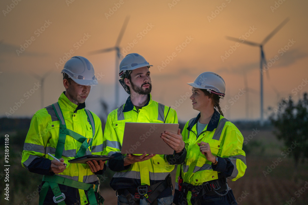 Team Engineers men and woman checking and inspecting on construction with sunset sky. people operation. Wind turbine for electrical of clean energy and environment. Industrial of sustainable. Team Engineers men and woman checking and inspecting on construction with sunset sky. people operation. Wind turbine for electrical of clean energy and environment. Industrial of sustainable.