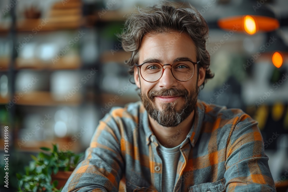 Relaxed and sharp looking gentleman enjoys time at a cafe, wearing a checked shirt and round glasses for a polished look Relaxed and sharp looking gentleman enjoys time at a cafe, wearing a checked shirt and round glasses for a polished look