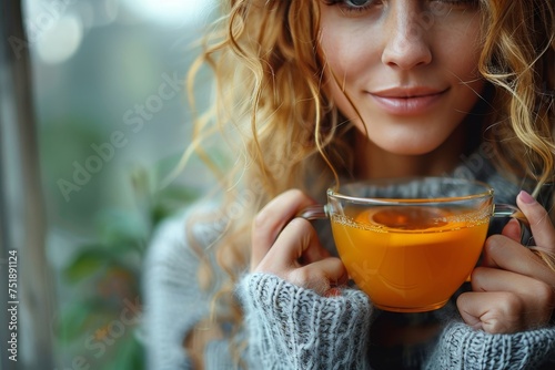 Cozy image of a woman's hands embracing a warm cup of tea, evoking comfort and warmth photo