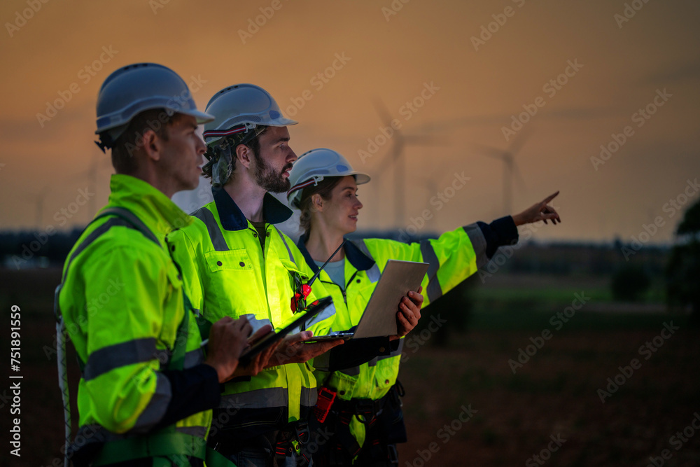 Team Engineers men and woman checking and inspecting on construction with sunset sky. people operation. Wind turbine for electrical of clean energy and environment. Industrial of sustainable. Team Engineers men and woman checking and inspecting on construction with sunset sky. people operation. Wind turbine for electrical of clean energy and environment. Industrial of sustainable.