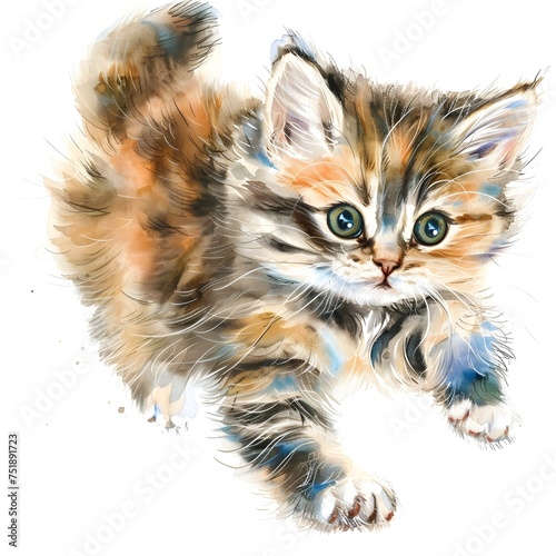 Watercolor Illustration of a Running Kitten photo