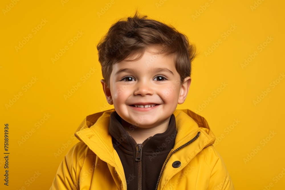 Portrait of a smiling little boy in a yellow jacket on a yellow background Portrait of a smiling little boy in a yellow jacket on a yellow background