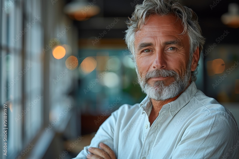 Serene mature man with a thoughtful expression stands in a modern interior looking confident