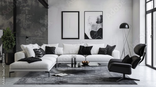 Modern allure of a living room featuring a white sofa and black armchair, accentuated by blank posters on the wall
