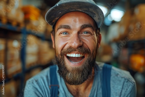 Confident bearded worker smiles in a storeroom, wearing a cap and denim work attire