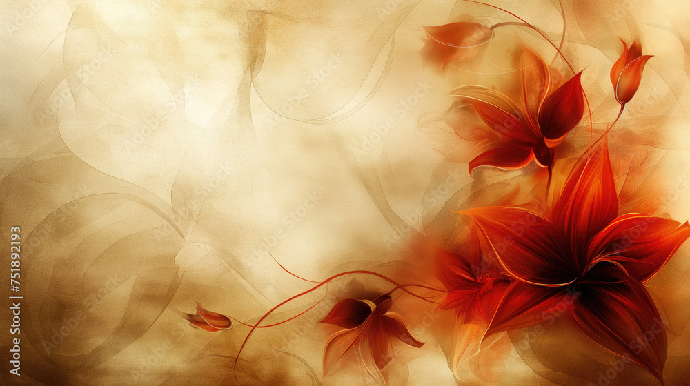 Abstract floral wallpaper. Orange flowers on beige background with copy space Abstract floral wallpaper. Orange flowers on beige background with copy space
