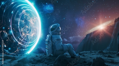 Astronaut in a suit visiting a remote exoplanet in the universe in high resolution and high quality. astronomy concept