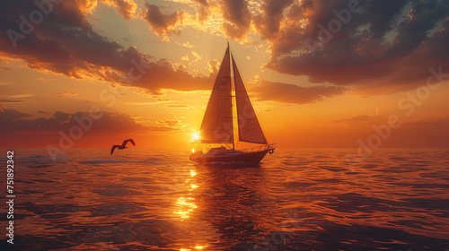 Yacht sailing against sunset. Holiday lifestyle landscape with skyline sailboat and two seagull. Yachting tourism - maritime evening walk. Romantic trip on luxury yacht during the sea sunset.