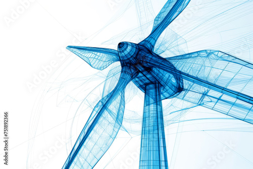 Linear blue graphic of a wind turbine or windmill on a white background, renewable energy motif obtained from the wind
