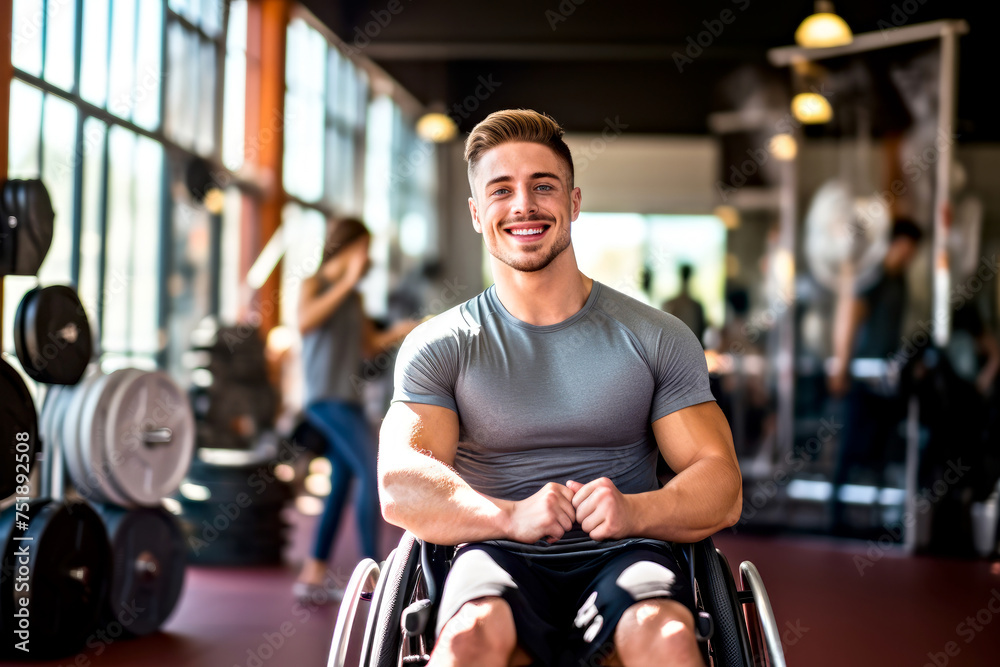 A smiling man bodybuilder in a wheelchair, showcasing muscular physique, enjoys his workout in a gym equipped for adaptive fitness. Concept of inclusivity and disability awareness A smiling man bodybuilder in a wheelchair, showcasing muscular physique, enjoys his workout in a gym equipped for adaptive fitness. Concept of inclusivity and disability awareness