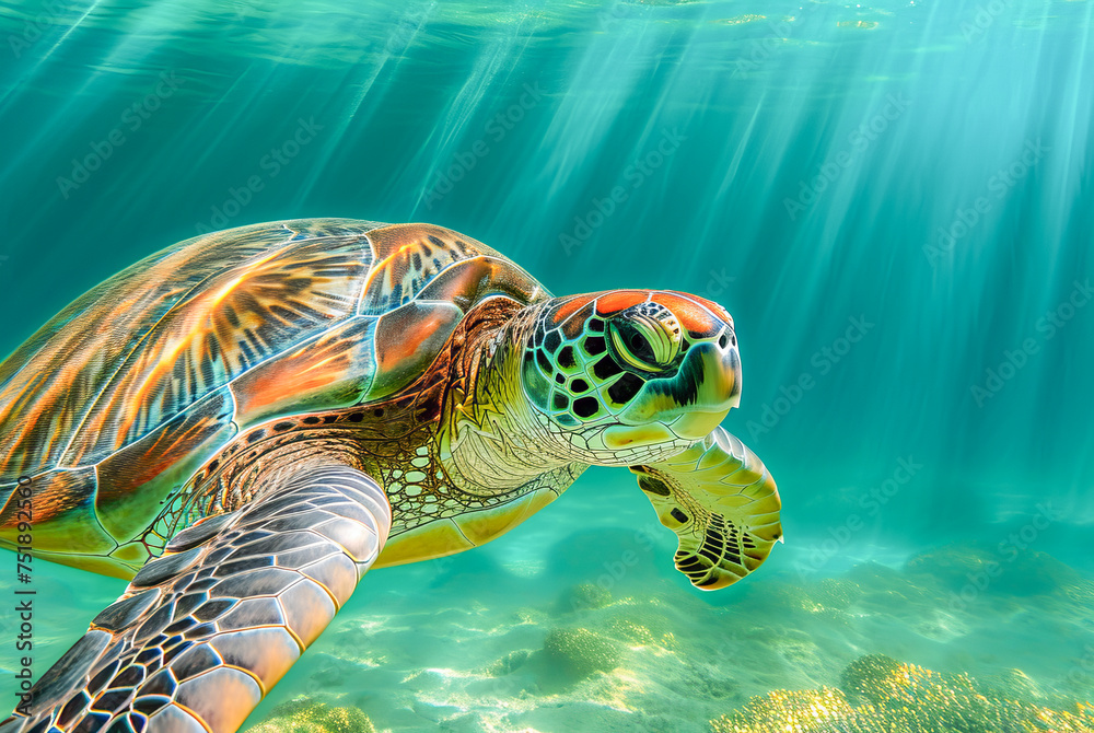 Obraz premium Green Turtle Chelonia mydas at the bottom of the ocean, World Wildlife Day, March
