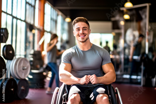 A smiling man bodybuilder in a wheelchair, showcasing muscular physique, enjoys his workout in a gym equipped for adaptive fitness. Concept of inclusivity and disability awareness © Garnar