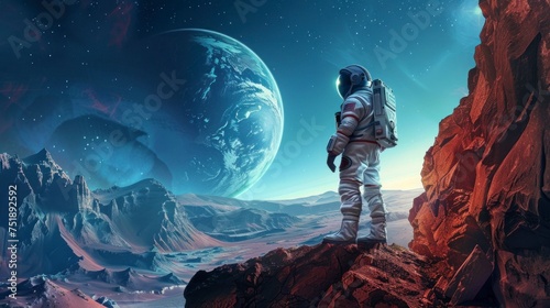 astronaut in a suit visiting a remote exoplanet in the universe in high resolution