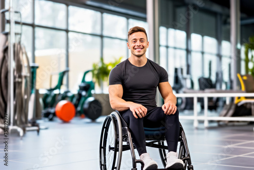 A smiling man athlete in wheelchair in a spacious gym. Concept of accessibility environment, adaptive workouts for people with disabilities in inclusive fitness spaces. Copy space