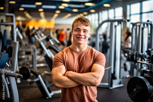 A muscular male bodybuilder with Down syndrome confidently stands in a gym. Concept of inclusivity of the fitness community, adaptive workouts for people with disabilities