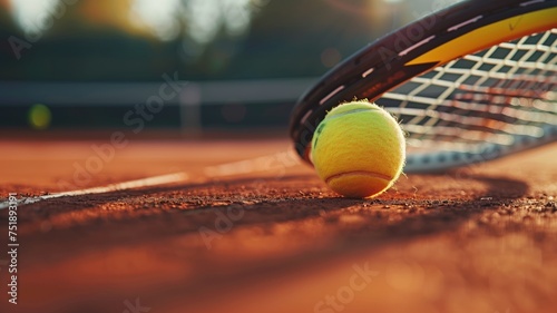A tennis ball rests against a racket on the red clay of a sunlit tennis court, waiting for play photo
