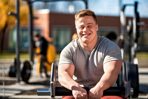 A young smiling male bodybuilder with Down syndrome, full of positivity, works out at an outdoor gym in sunny day. Concept of inclusivity fitness, adaptive workouts for people with disabilities