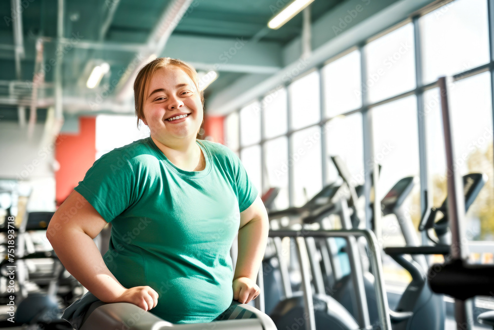 Cheerful woman with Down syndrome on cardio machine in gym setting focuses on fitness and well-being. Concept of diversity, inclusivity in fitness and sports for people with disabilities. Copy space
