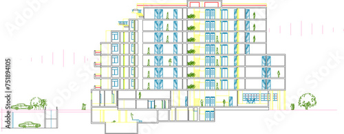 Vector sketch design illustration of the architectural facade of a multi-storey hotel building
