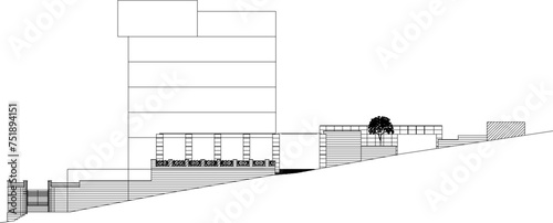 Vector sketch design illustration of the architectural facade of a multi-storey hotel building for a resort 