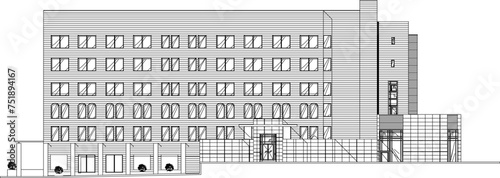 Vector sketch design illustration of the architectural facade of a multi-storey hotel building for a resort