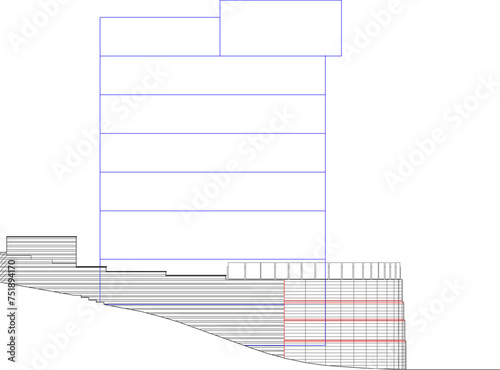 Vector sketch design illustration of the architectural facade of a multi-storey hotel building for a resort
