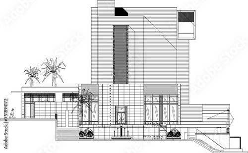 Vector sketch design illustration of the architectural facade of a multi-storey hotel building for a resort