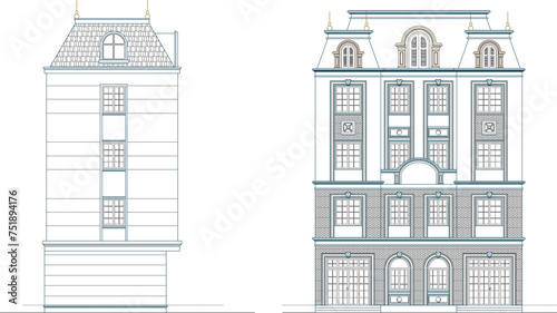 Vector sketch design illustration of the architectural facade of a vintage classic old multi-storey hotel building