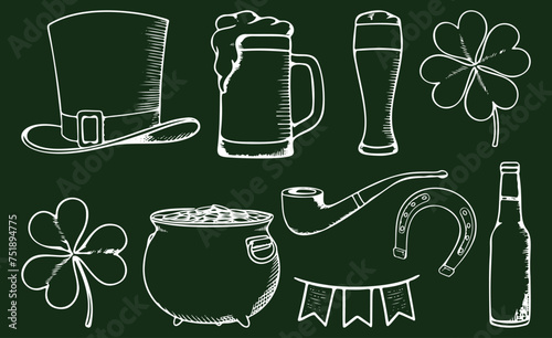 St. Patrick's day doodles collection on green background. Vector illustration.