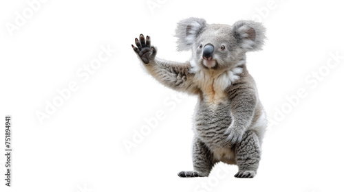 Enchanting photo of a lively koala bear raising its hand  with fluffy grey fur and captivating eyes  showcasing its charming nature