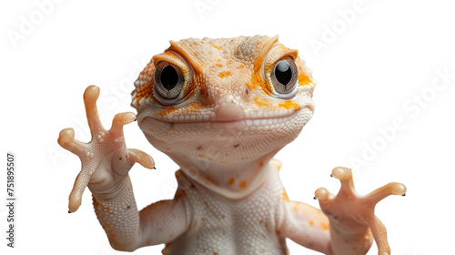A close-up shot of a gecko with a humorous surprised look, waving its webbed foot at the camera photo