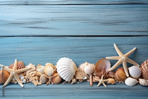 Seashells and Starfish on Wooden Background 