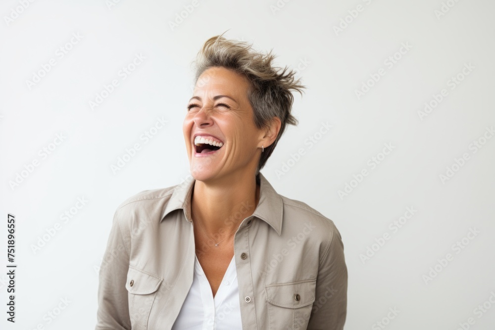 Portrait of a happy mature woman laughing and looking up against white background
