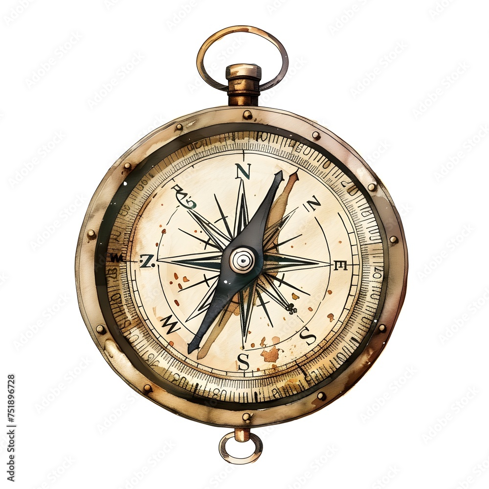 Vintage Gold Antique Compass Isolated on White Background