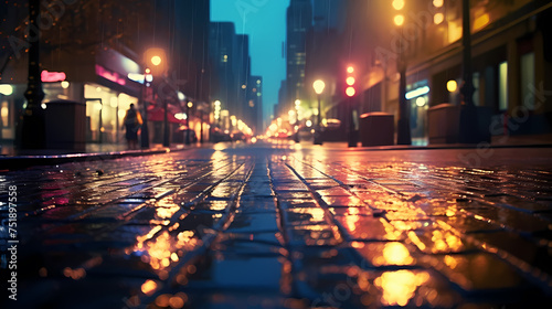 Bright bokeh city lights reflected on wet road surface