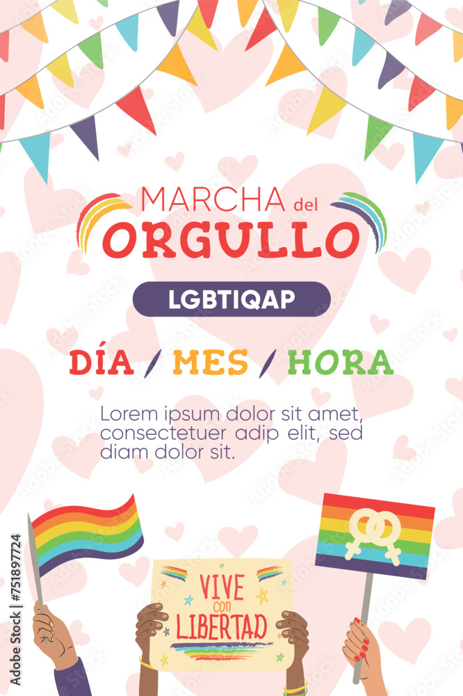 Fototapeta premium cartel marcha del orgullo LGBT. Manos sosteniendo banderas y pancartas