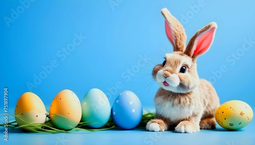 Easter greeting card, Easter bunny on a blue background created with generative ai. © Chaudhry