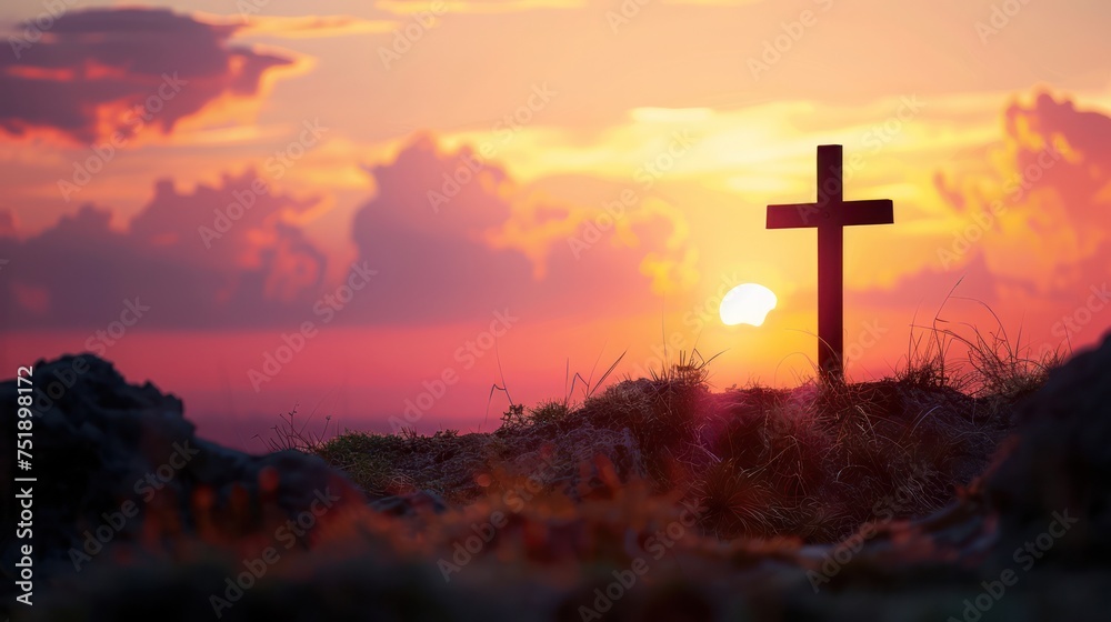 Silhouette of Cross with Background of Warm Sunrise Silhouette of Cross with Background of Warm Sunrise