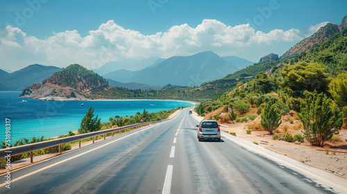  car driving on the road of Europe. road landscape in summer. it's nice to drive on the beachside highway. in Europe, summer road trip photo