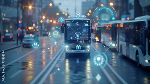 Transportation and technology concept. ITS Intelligent Transport Systems, smart city internet of things, web3, AI public transport, artificial intelligence photo