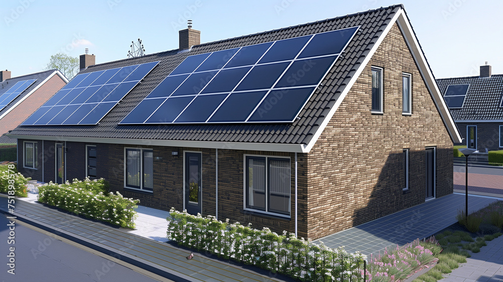 Solar energy, A house building with solar panels on the roof in a residential area. blue sky and during the Spring season	