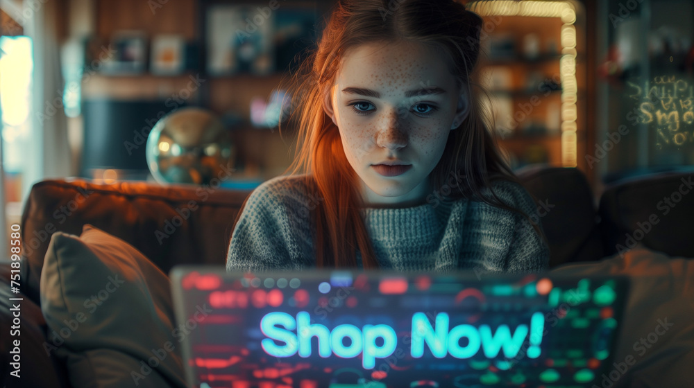 A woman sitting on her couch with a laptop open, her eyes on the screen as online shopping ads flash across, with notifications popping up urging her to Shop Now, an online shopping concept