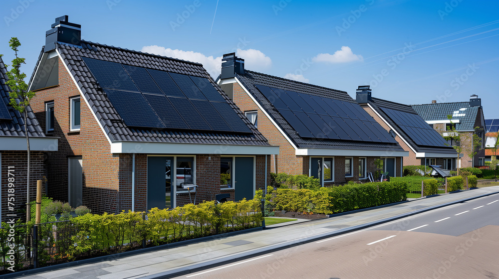 Fototapeta premium Solar energy, A family house building with solar panels on the roof in a residential area. blue sky and during the Spring season, dutch house with brick wall